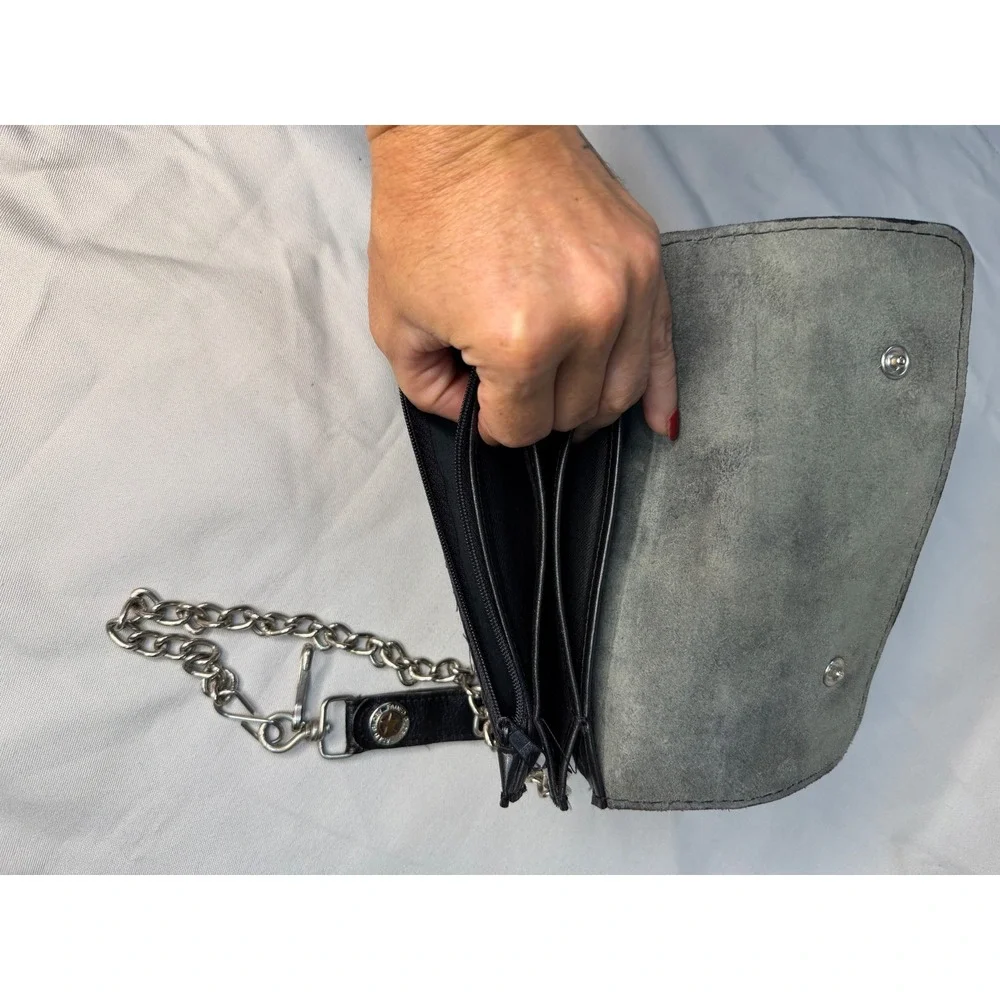 VTG Faded Glory Mens Black Leather Trucker Wallet Biker Chain Star Snap Bifold
